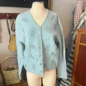 Light Blue Long Sleeve Wool Granny Cardigan with Embroidered Leaf Motif